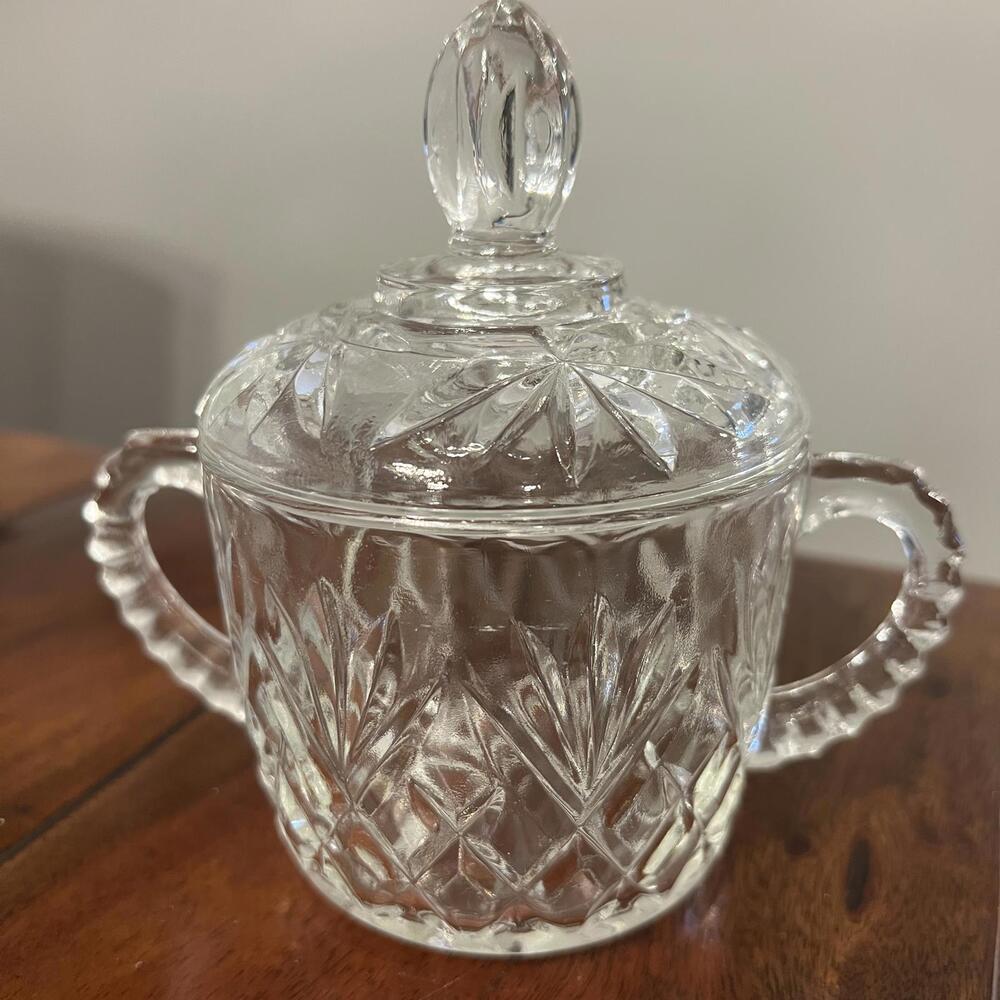 VINTAGE ANCHOR HOCKING CLEAR GLASS PRESCUT PINEAPPLE SUGAR BOWL w/LID